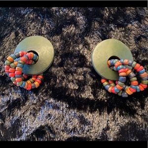 Forrest green wooden earrings w/ tricolored dangle